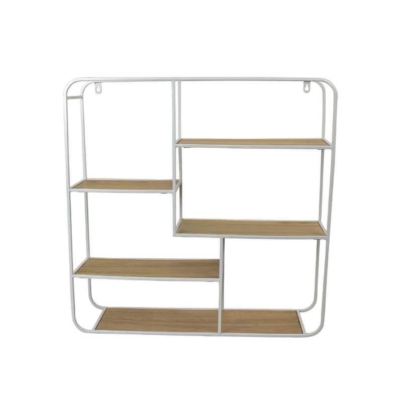 Decorative Wall Shelf with 6 Staggered Wood Racks, White Metal 24 Inch