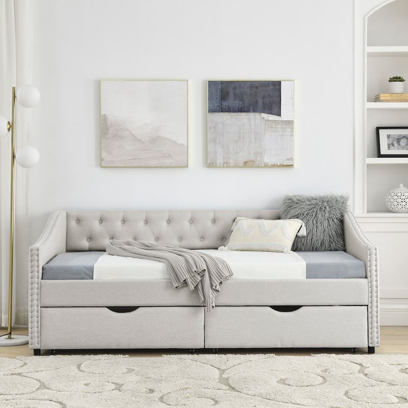 Tufted Button Daybed with 2 Storage Drawers/Upholstered Sofa Bed Frame w/Copper Nail on Waved Shape Armrests/No Spring Box Need - Beige - Twin