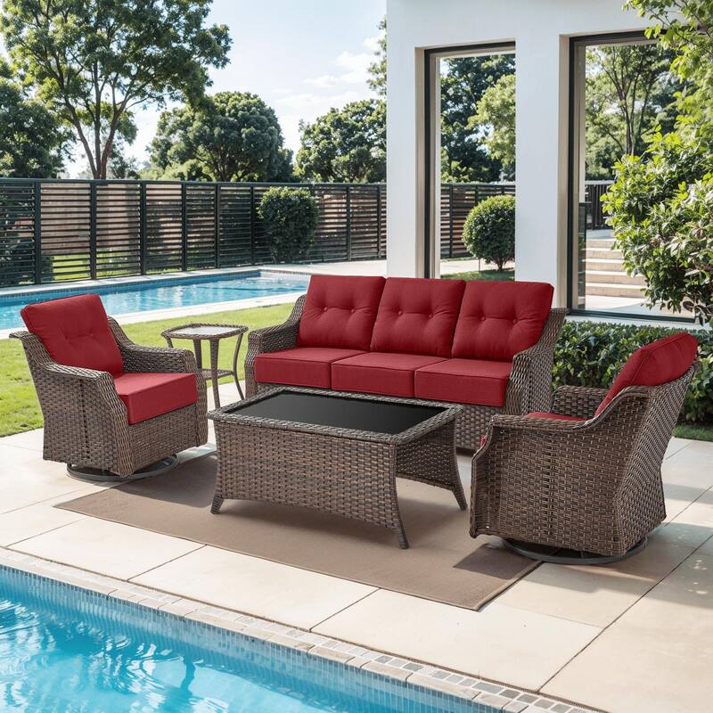 Outdoor Wicker Rattan Sofa Set for Garden - Brown Wicker & Red Cushion - 5PCS Sofa Glider Chair with Table