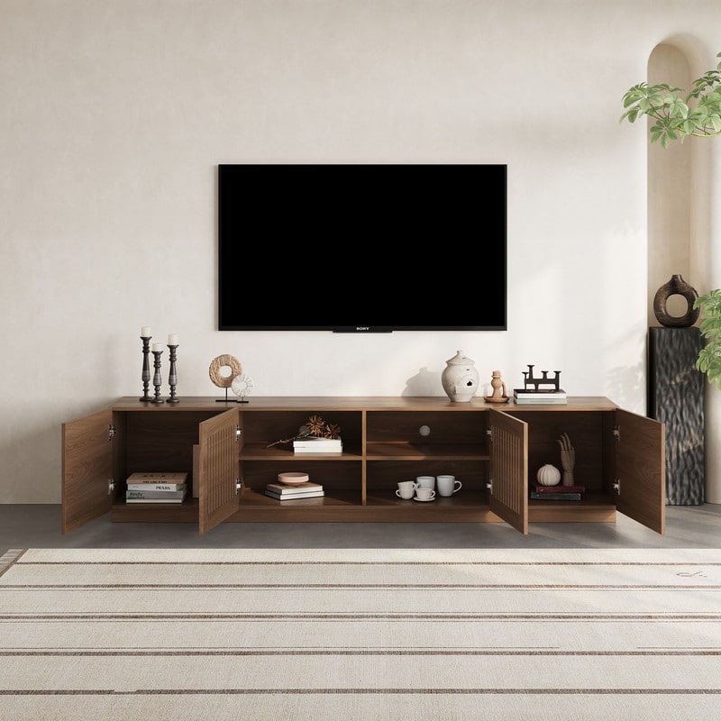 78" Mid Century Modern TV Stands, Brown Wood Texture, Wood Midea Console with 4 Cabinets
