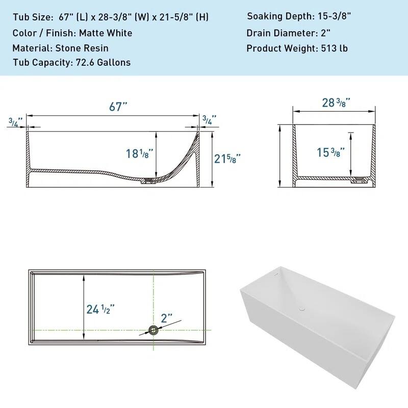 ABRUZZO 67" x 28" Freestanding Solid Surface Soaking Bathtub with Overflow & Pop-Up Drain