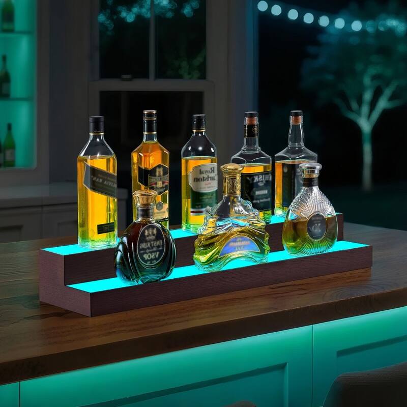 Multi-Color Acrylic and Pine Wood 2-Tier Wine Display Shelf with LED Lighting and Remote Control