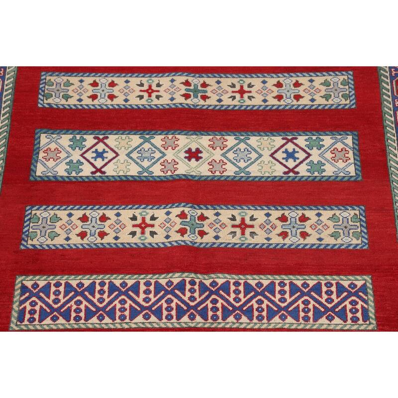 Red Geometric Kazak Oriental Area Rug Handmade Wool Carpet - 6'6" x 9'7"