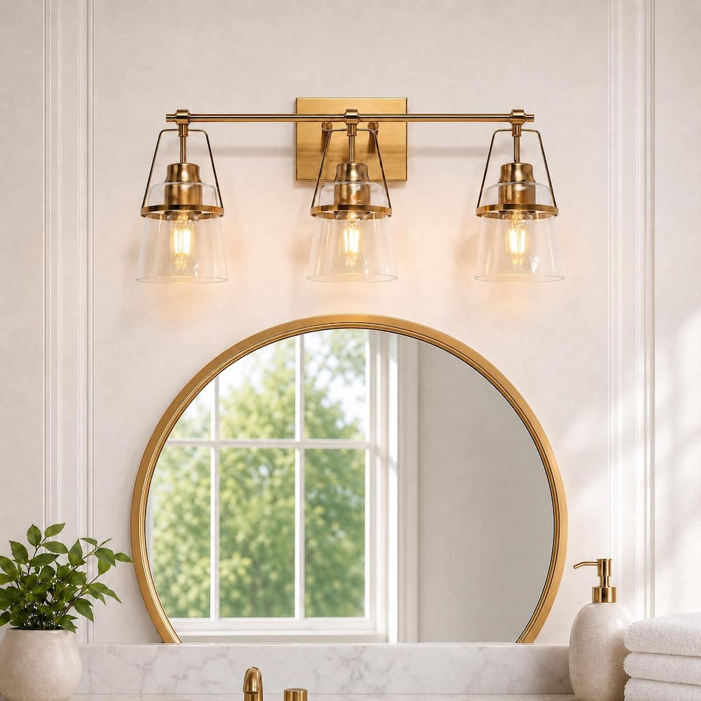 Modern Gold 3-Light Bathroom Vanity Light Clear Glass Wall Sconce - L 21.2" x D 5.5" x H 10.2"
