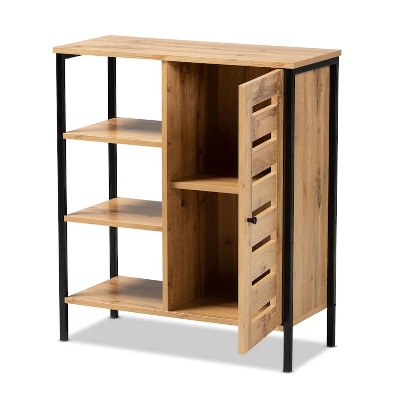Vander Modern Oak Brown Wood and Black Metal 1-Door Shoe Cabinet