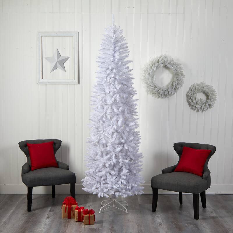 8' Slim White Artificial Christmas Tree with 400 Warm White LED Lights and 1348 Bendable Branches