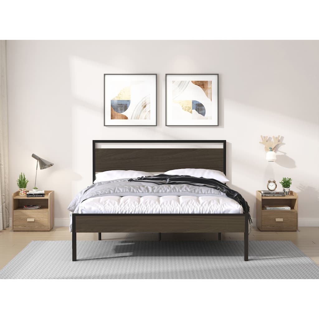Queen Metal Bed with Walnut Wood Headboard and Footboard