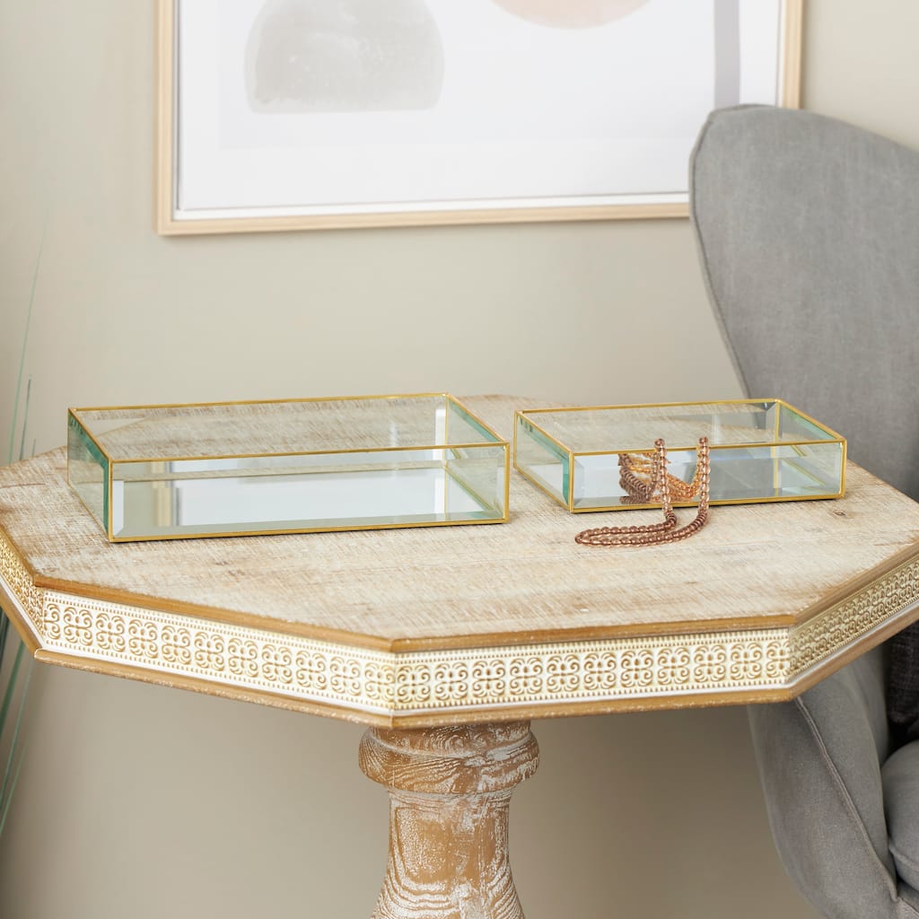 Clear Glass Beveled Decorative Jewelry Box with Gold Metal Frame (Set of 2)