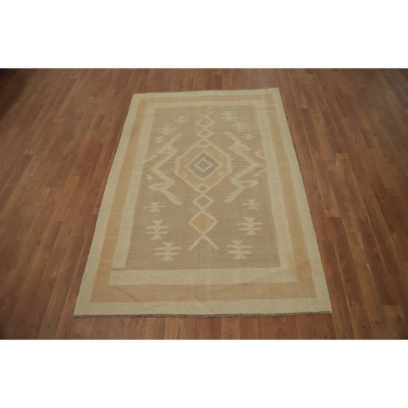 Hand Woven Oriental 100% Wool Carpet Southwestern Tribal Brown Kilim Area Rug - 5' 10'' X 4' 0''
