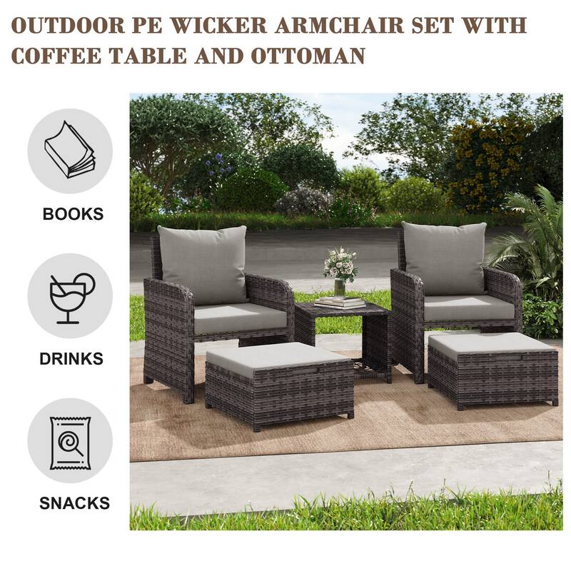5 Pieces Patio Chair Ottoman Conversation Set with Cushions Table