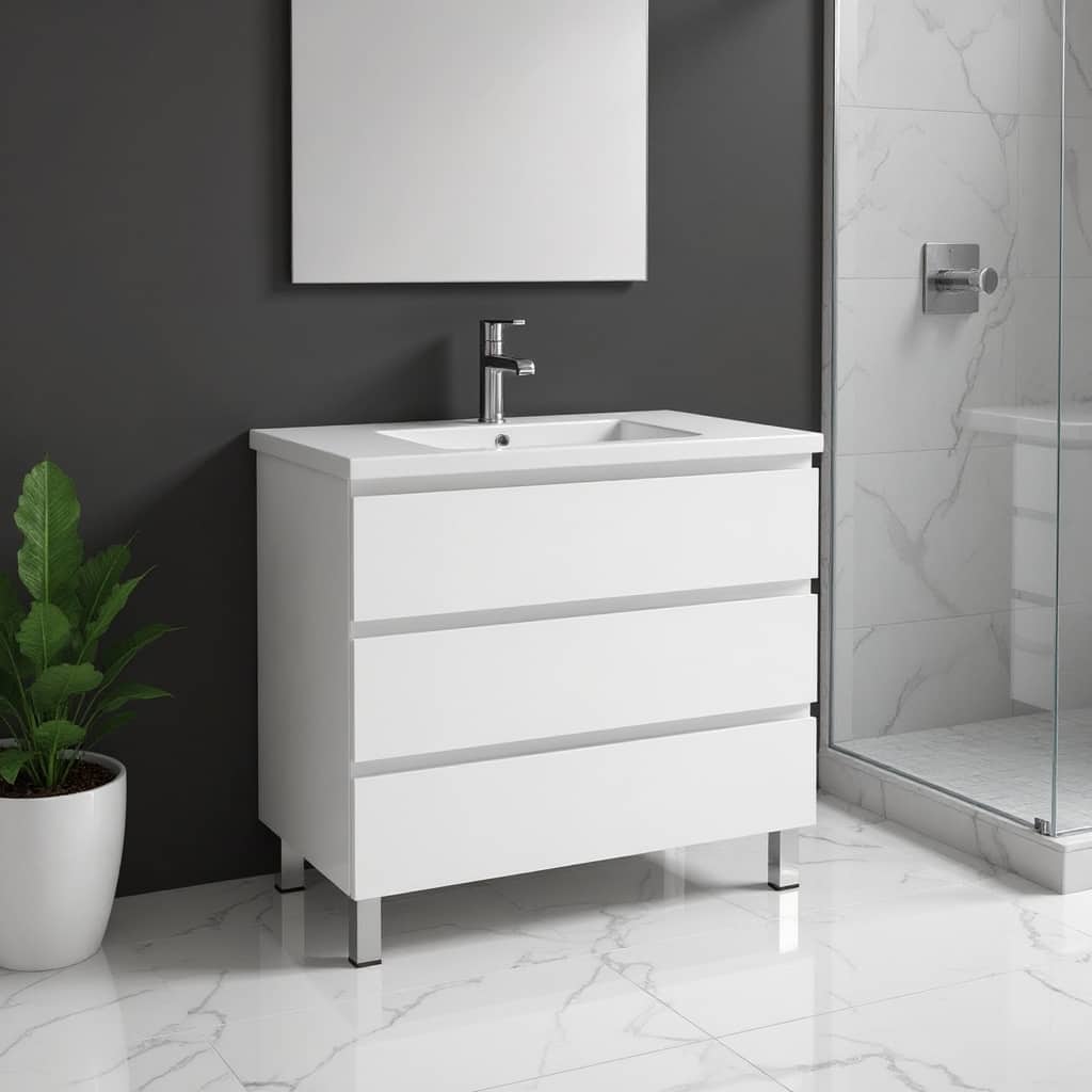 HomeRoots 36" White Wood Freestanding Bathroom Vanity With White Sink And Three Drawers - 36.00 in. x 39.06 in. x 18.10 in.