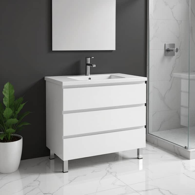HomeRoots 36" White Wood Freestanding Bathroom Vanity With White Sink And Three Drawers - 36.00 in. x 39.06 in. x 18.10 in. - 36.00 in. x 39.06 in.  x 18.10 in. - Polished - White