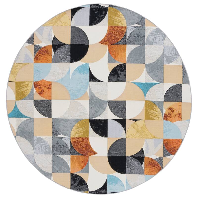 SAFAVIEH Barbados Nery Mid-Century Modern Abstract Waterproof Patio Backyard Rug - 6'6" Round - Ivory Black/Blue Rust
