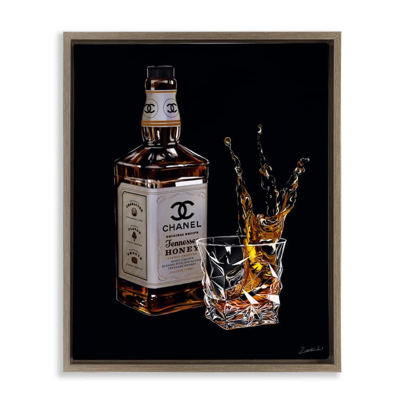 Stupell Splashing Liqueur Glam Whiskey Bottle Floating Framed Canvas Wall Art, Design by Ziwei Li - 25 x 31 - Brown