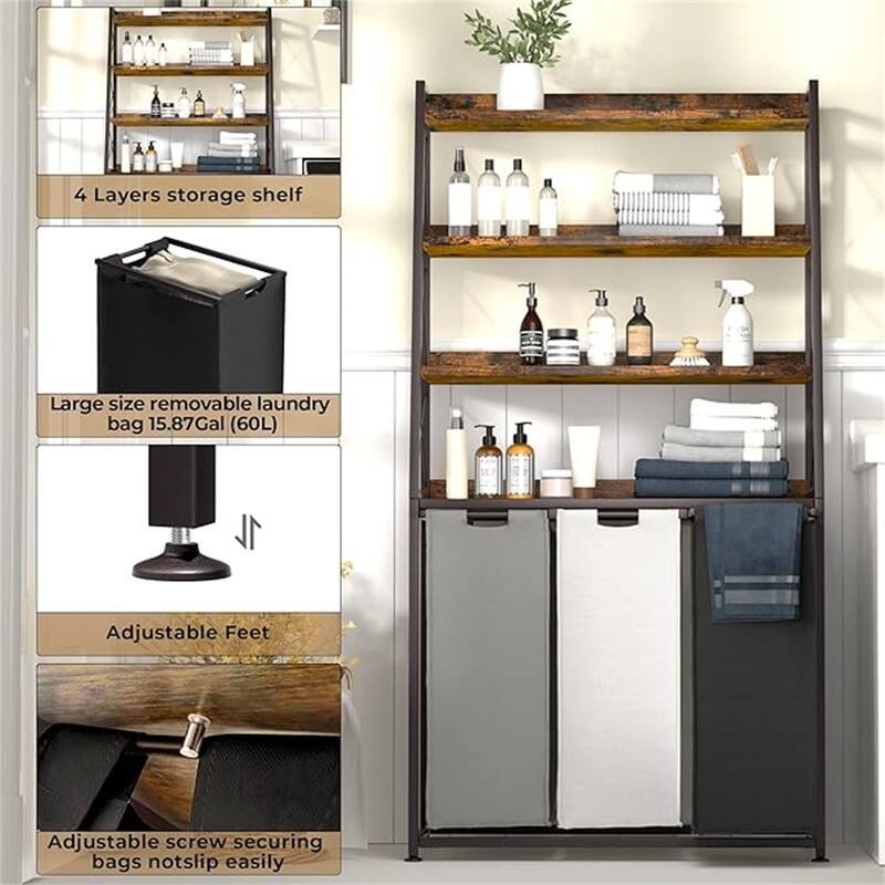 3 Section Laundry Hamper with 4 Tiers Shelf, Pull Out and Removable Laundry Bags - 33.07 x 15.74 x 62.2 inches