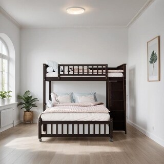 Elegant Wooden Twin Over Full Bunk Bed With Six Drawers And Flexible Shelves, Bottom Bed With Wheels, Space-saving, Espresso