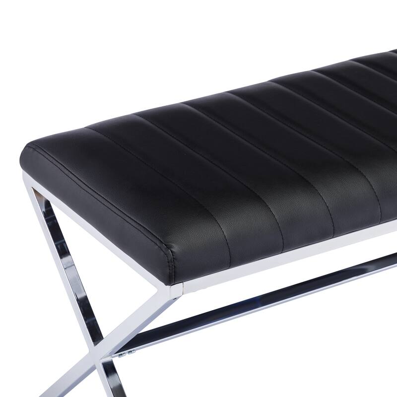 Tufted Faux Leather 46.5" Length Upholstered Dining Bench with Metal X Legs