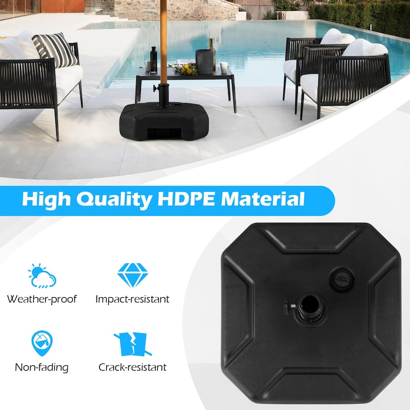 Black Adjustable Outdoor Umbrella Base for 6 to 8 Foot Umbrellas Fillable with Sand or Water Up to 88 lbs - 17" x 17" x 10"