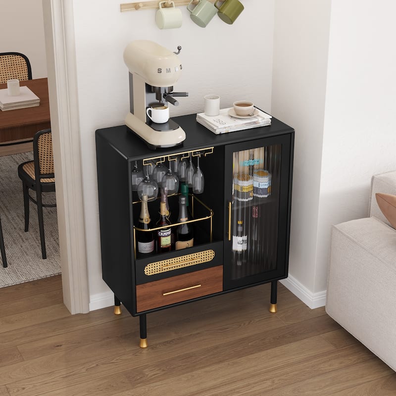 Modern Coffee Bar Cabinet with Wine Glass Rack and Storage Drawer