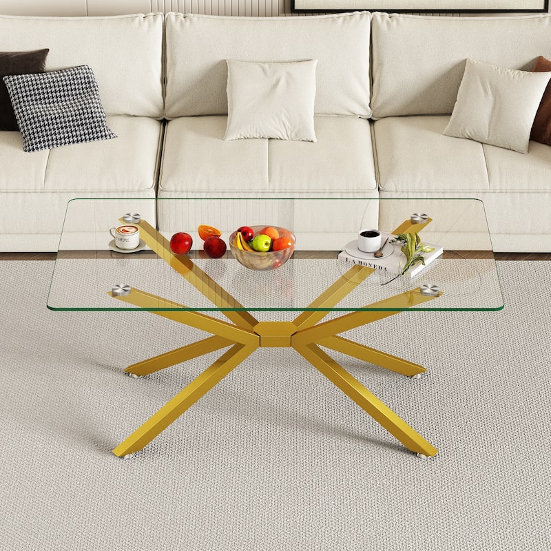 39.37" Rectangular Clear Tempered Glass Coffee Table,Stylish Design with Gold Metal Legs, Coffee Table for Living Room