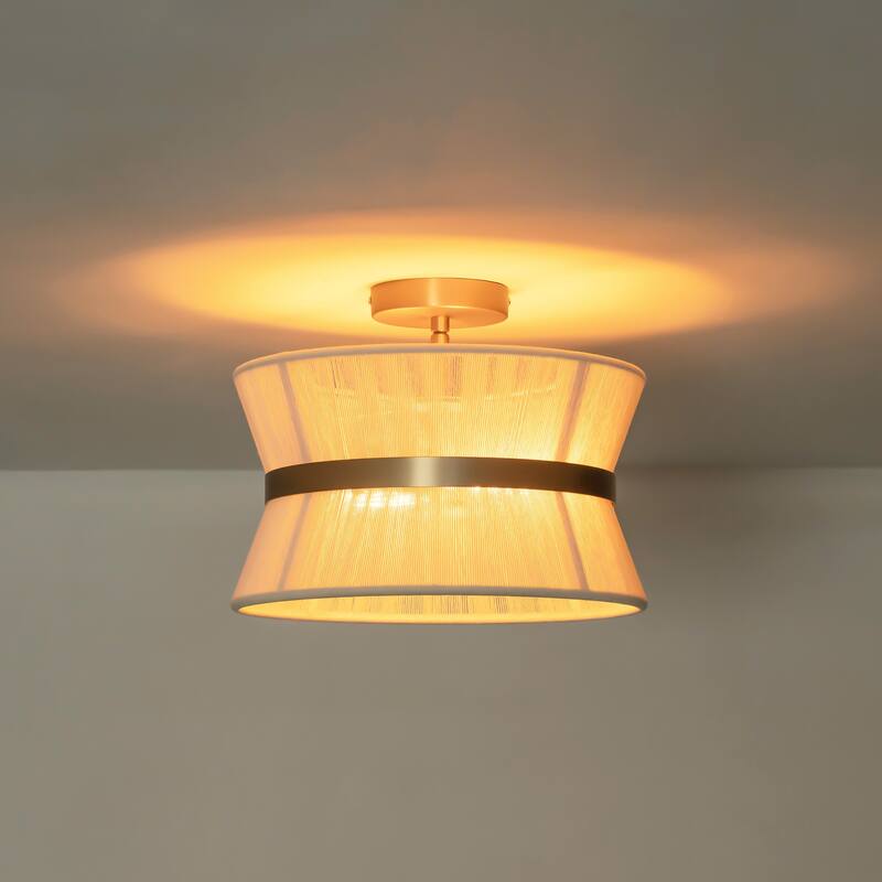 2-Light Modern Boho Gold Drum Tapered Handwoven Rope Semi-Flush Mount Light - 13.7 in. W x 11.6 in. H