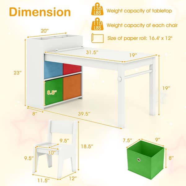 dimension image slide 2 of 3, Costway Kids Art Table & Chairs Set with Paper Roll Wooden Craft Study - See Details