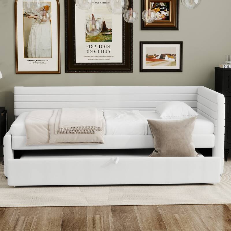 Twin Size Upholstered Daybed with Roll-Out Trundle, Space-Saving Wooden Frame, No Box Spring Needed