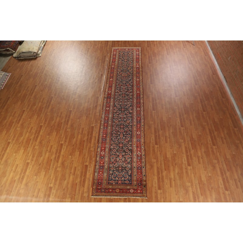 Hand Knotted Oriental 100% Wool Carpet Traditional All-Over Navy Blue & Blues Malayer Runner Rug - 16' 9'' X 3' 7''