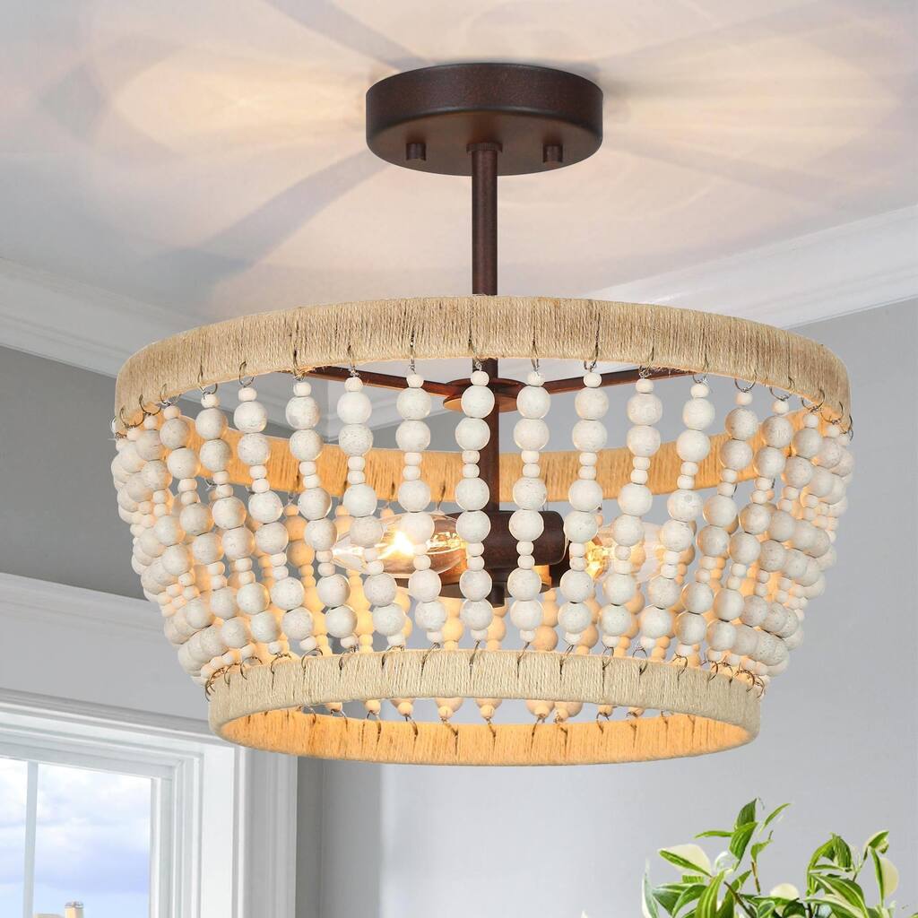 Modern Farmhouse 3-Light Metal Chandelier Classic Wood Island Lights for Dining Room
