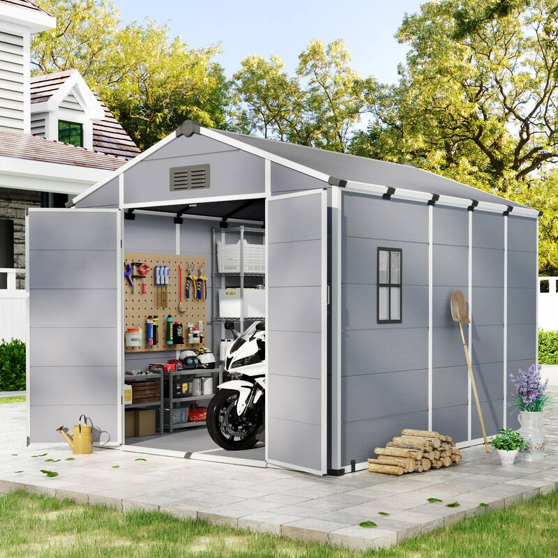 EROMMY Outdoor Storage Shed with Built-In Floor, Lockable Double Doors & Sloped Roof, Gray/Black