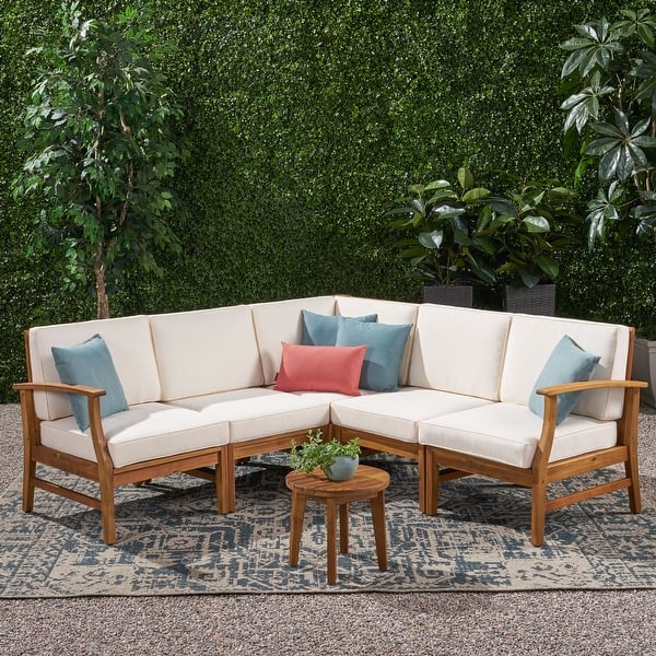 slide 2 of 14, Christopher Knight Home - Merritt Outdoor Sectional Sofa, 5-Seater V-Shaped with Acacia Wood with Water-Resistant Cushions Teak Finish+Cream Cushion