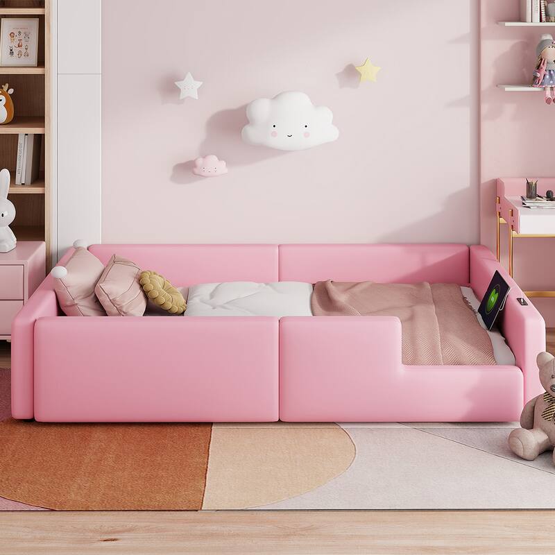 Twin Size PU Leather Platform Bed with Full Length Guardrail and Charging Station, Upholstered Floor Bedframe, Wood Slat Support - Pink - Twin