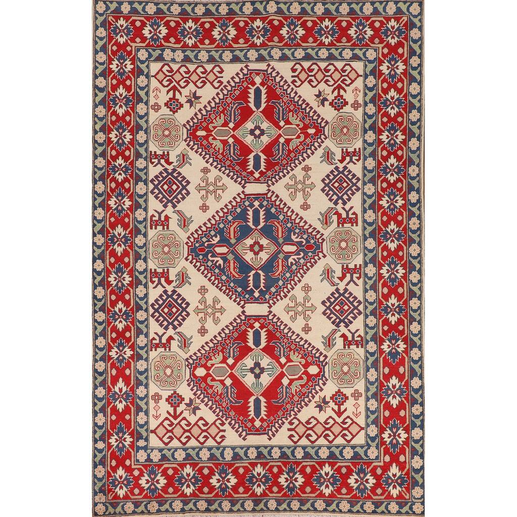 Beige / Ivory Traditional Kazak Oriental Rug Hand-Knotted Wool Carpet - 6'7" x 9'8"