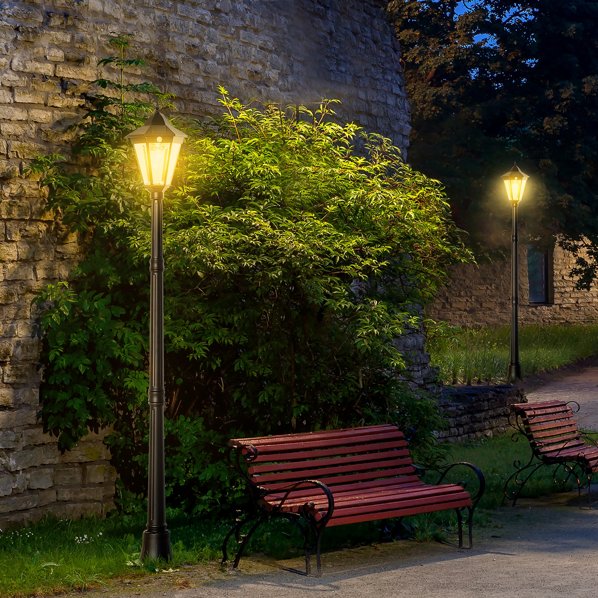 77 Solar Lamp Post Light Waterproof Aluminum Outdoor Vintage Street Lamp Motion Activated Sensor PIR Adjustable Brightness Black