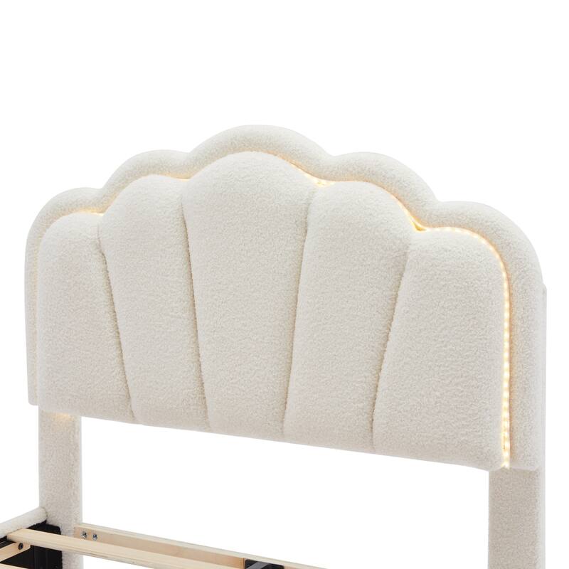 LED Flower-Shape Headboard Bed Frame, Sherpa Fabric Upholstered Platform Bed, Wooden Slats Panel Bed Side Control Buttons