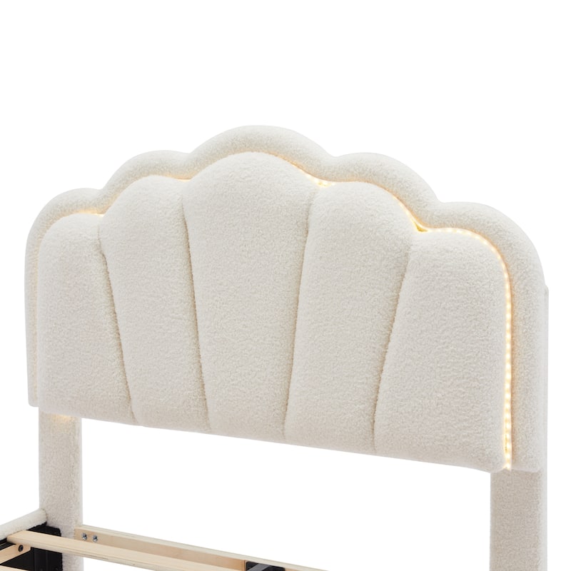 Sherpa Fabric Upholstered Platform Bed with Elegant Flowers Headboard and Wooden Slats Support