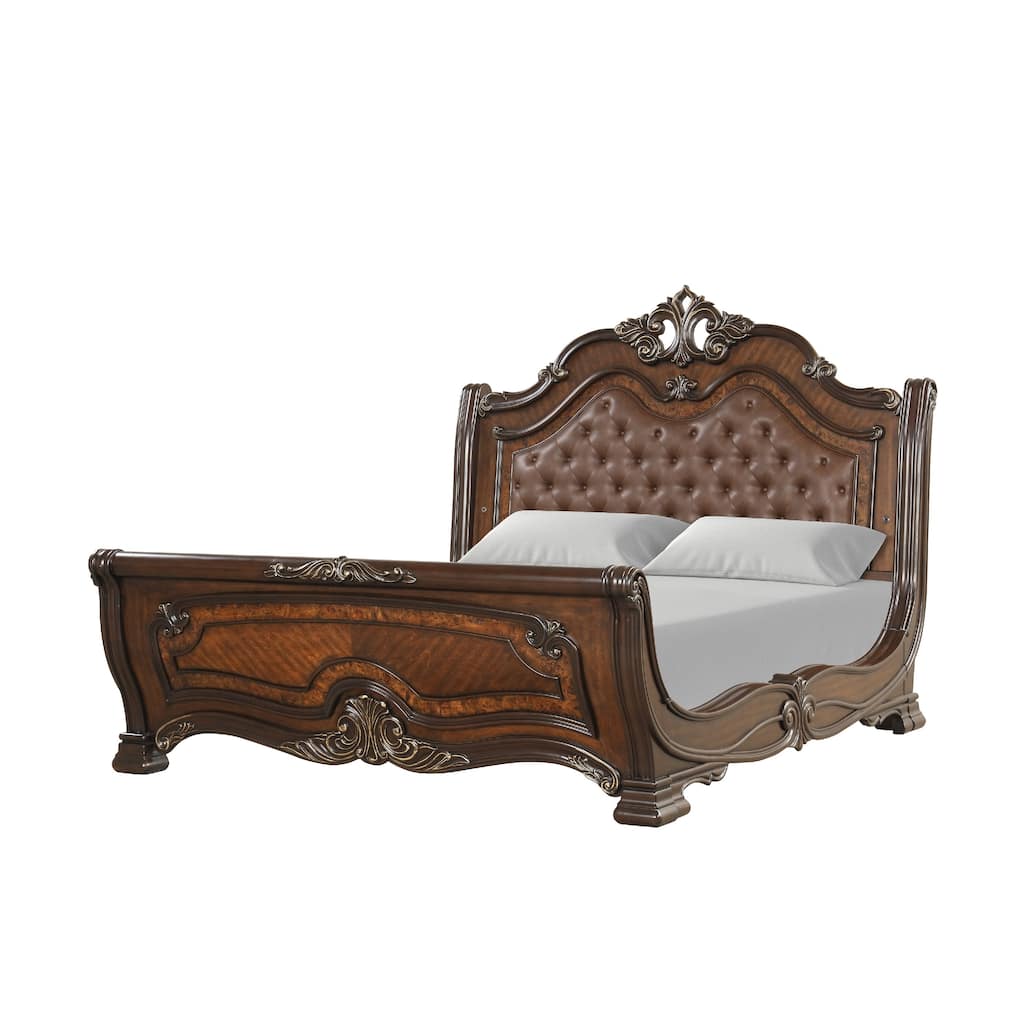 Ruth King Bed, Faux Leather Headboard with Burl Inlays, Mahogany Brown
