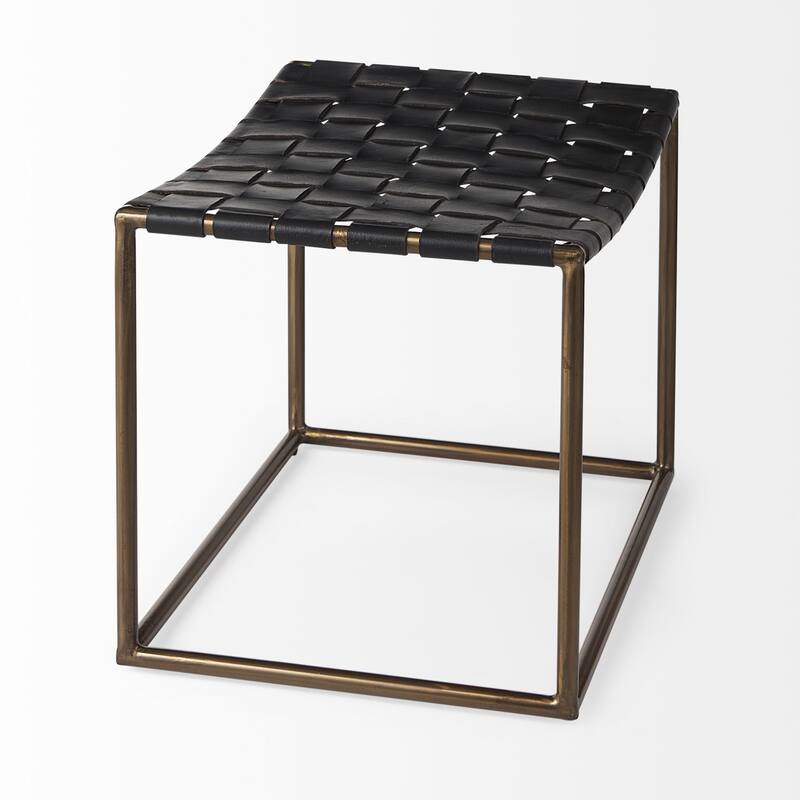 Clarissa Black Woven Genuine Leather Seat w/Gold Metal Frame Stool - 22.0L x 16.0W x 16.5H