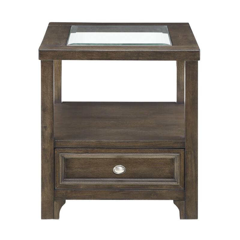 Berny End Table w Glass Top, Drawer, Shelf, Charcoal Brown 26 Inch