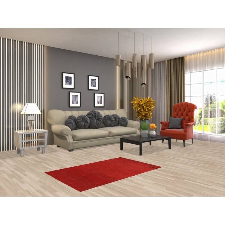 Modern Gabbeh Oriental Rug Hand-Knotted Solid Red Wool Carpet - 2'6" x 4'0"