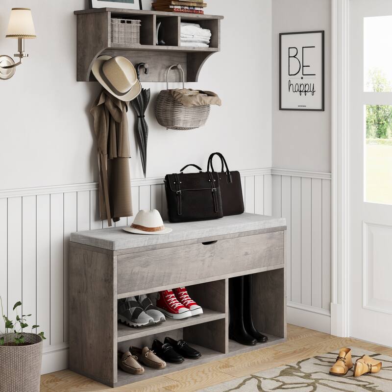 Shoe Storage Bench with a Cushioned Seat and 2 Tiers of Shelves