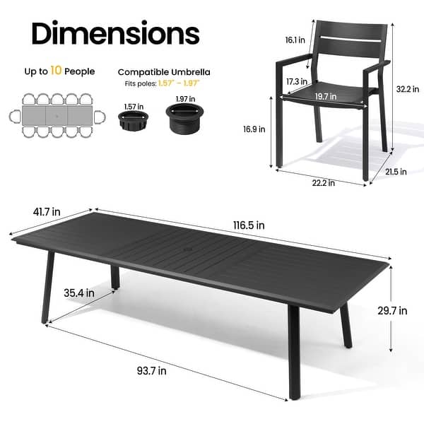 dimension image slide 1 of 4, 7/9/11/13-Piece Set Outdoor Aluminum Dining Table with Umbrella Hole and Stackable Chairs