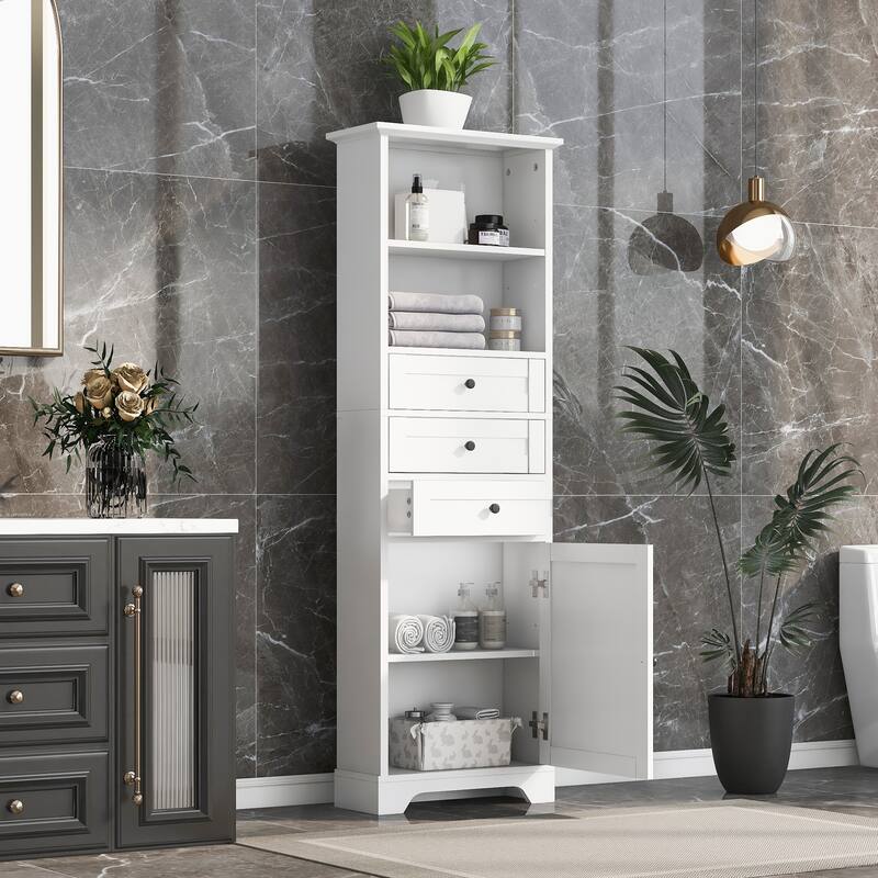 Tall Storage Cabinet with 3 Drawers and Adjustable Shelves for Bathroom, Kitchen and Living Room, MDF Board with Painted Finish