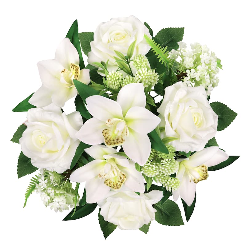 Set of 2 Cream White Artificial Mixed Rose Cymbidium Orchid Snowball Flower Stem Bush Bouquet 19in - 19" L x 12" W x 12" DP