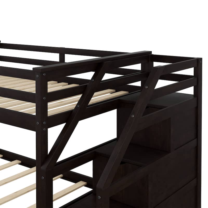 Kids Twin Ove Twin Bunk Bed with Pull-Out Trundle and 3 Storage Stairs, Safety Guardrails and Armrest