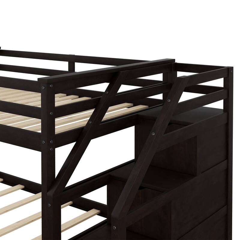 Twin-Over-Twin Bunk Bed with Trundle and 3 Storage Stairs, Espresso Finish