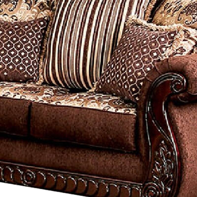 Nadira 2pc Sofa Loveseat Set, Brown Faux Leather, Gold 5 Throw Pillows