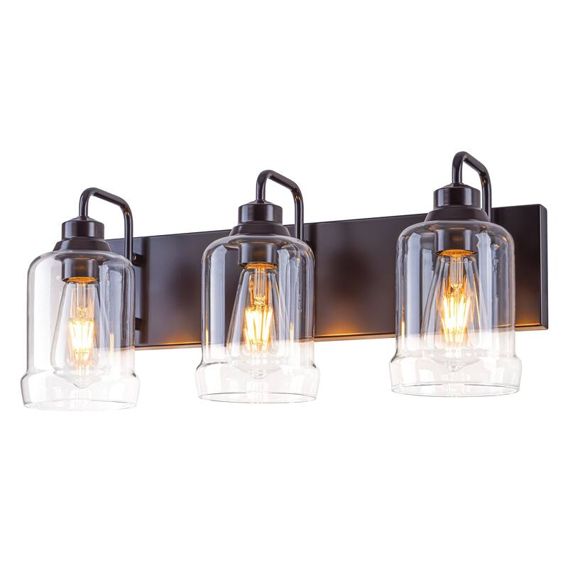 Starsky Modern Farmhouse 3‑Light Vanity Wall Light with Clear Decorative Glass Shades, E26 Bulb Base, Oil Rubbed Bronze Finish