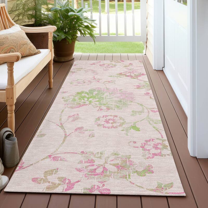 Machine Washable Indoor/ Outdoor Chantille Farmhouse Floral Rug - Pink - 2'3" x 7'6"