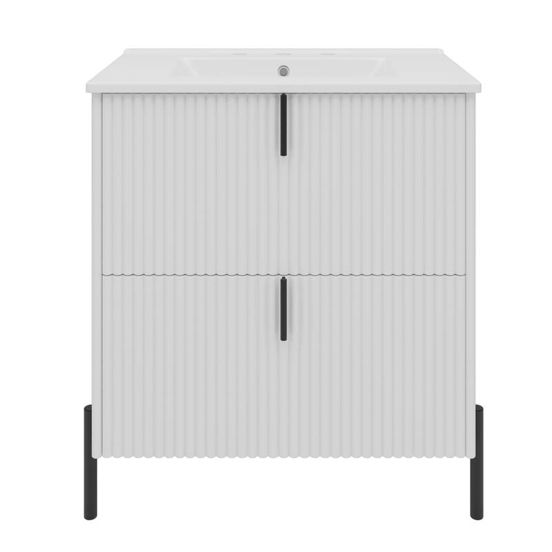 Bathroom Vanity with Ceramic Sink, Freestanding Bathroom Storage Cabinet, Fluted Bathroom Vanity with 2 Full-Extension Drawers